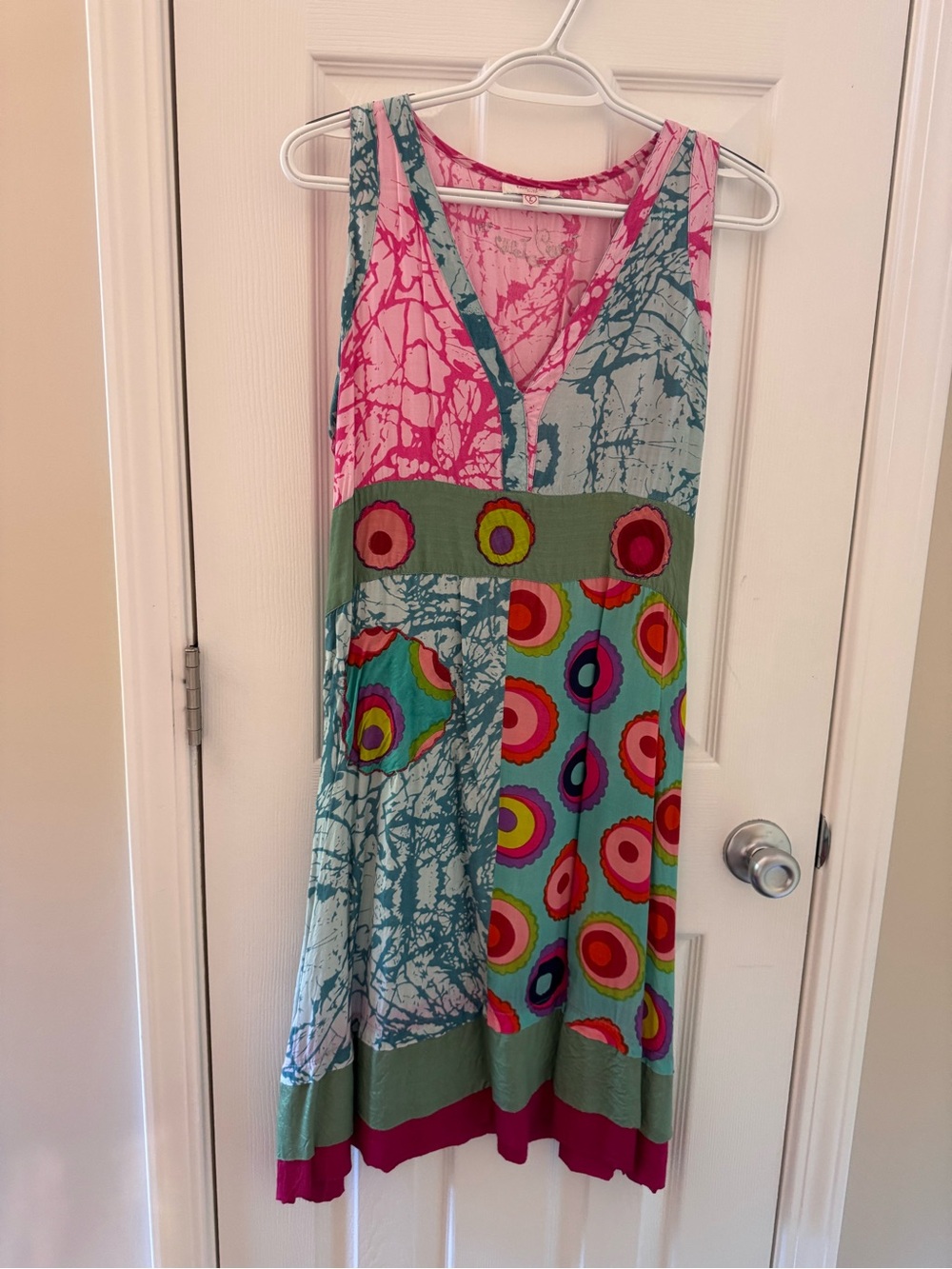 Boho Sleeveless Patchwork Midi Dress in Pink and Teal